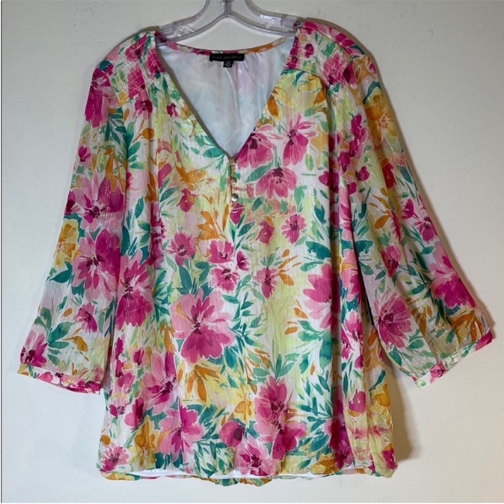 Sara Michelle Boho Sparkling Floral Tunic Blouse. 3X. NWT.